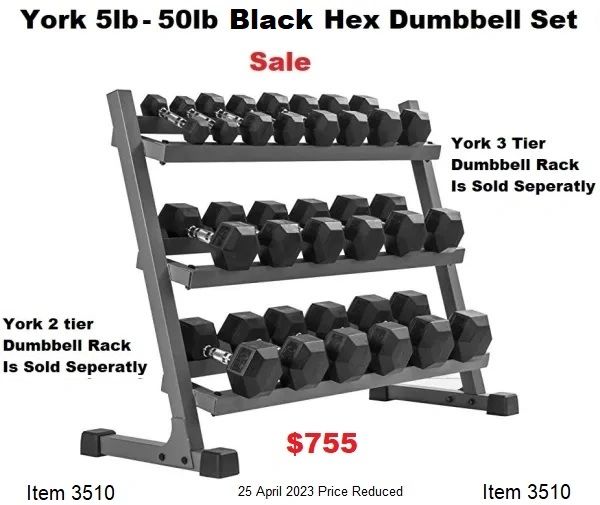 YORK BARBELL- 5-50LBS BLACK RUBBER HEX DUMBBELL SET, ITEM 3510, 25 April 2023, Now $755