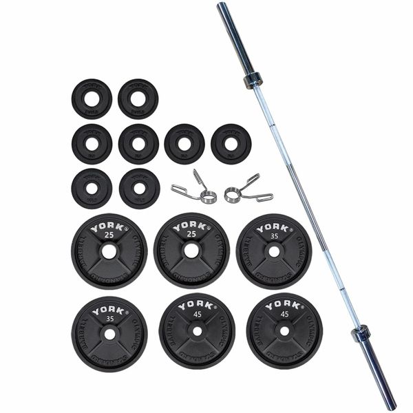 YORK 2" OLYMPIC CAST IRON WEIGHT PLATE SET, INCLUDES 2 X 2.5LB, 4 X 5LB, 2 X 10LB, 2 X 25LB, 2 X 35LB, 2 X 45LB, 1 X 7' OLYMPIC BAR RATED FOR 1000 LBS, ITEM 2900, Now $589