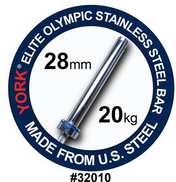 YORK BARBELL MENS 7' OLYMPIC "ELITE" STAINLESS STEEL COMPETION BAR-28MM, ITEM 32000, Now Available, 28 July 2021, $699