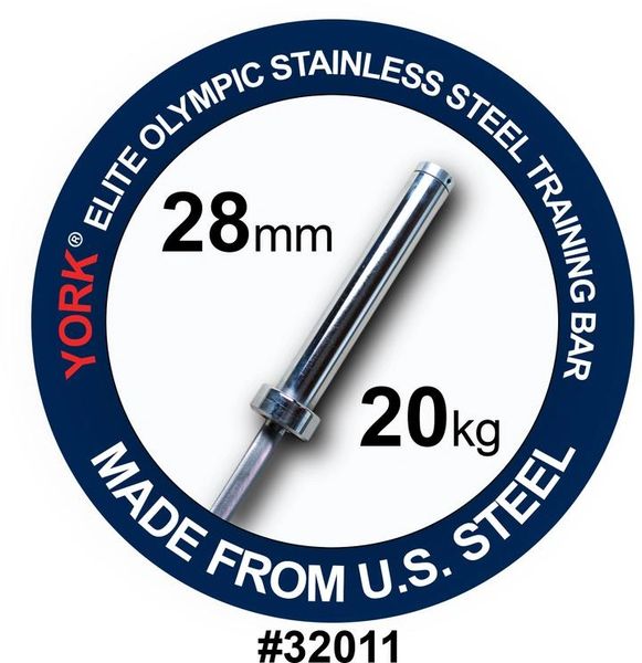 YORK BARBELL, MENS 7' OLYMPIC "ELITE" TRAINING BAR-28MM, STAINLESS STEEL ITEM 32