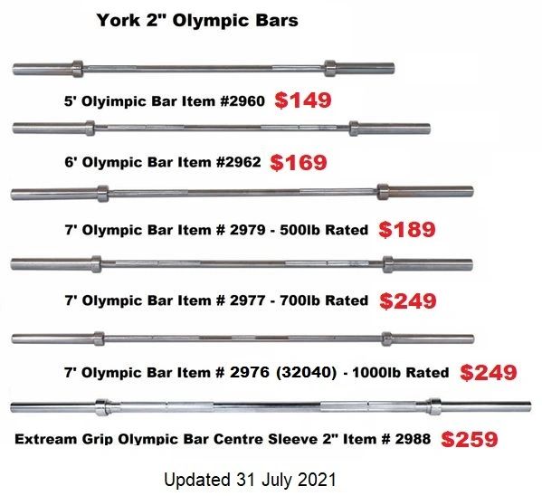 YORK 2" OLYMPIC 5' BARS, 6' BARS, 7' BARS ITEM # 2960-2988, 31 July 2021