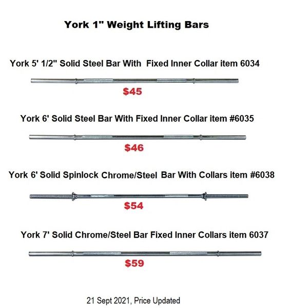 YORK WEIGHT LIFTING BARS, 5.5' SOLID STEEL BAR, 6' SOLID STEEL BAR, 6' SPINLOCK SOLID STEEL BAR , 7' SOLID STEEL BAR, 22 Sept 2021, Now Available ,