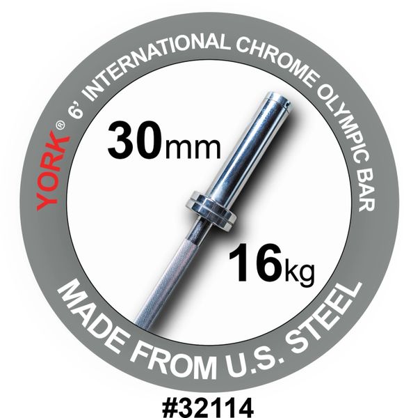 YORK 6'INTERNATIONAL HARD CHROME 2" OLYPIC BAR - 30MM RATED 1000 LB ITEM 32114, 20 Oct 2021, Now Available, $179