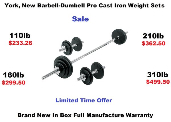 YORK BARBELL PRO 1" CAST IRON SPINLOCK BARBELL / DUMBBELL SET, 110 Lb ITEM 2022, 160 Lb ITEM 2023, 210 Lb ITEM 2024, 320 Lb ITEM 2025, 29 Nov 2021, Now Available