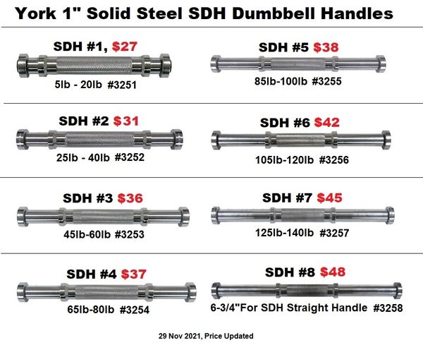 YORK 1" SOLID STEEL SDH (SHORT DUMBELL HANDLES / BARS), SIZES 20LBS TO 140LBS, ITEM #3251, 3252, 3253, 3254, 3255, 3256, 3257, 3258, 29 Nov 2021, Now Available
