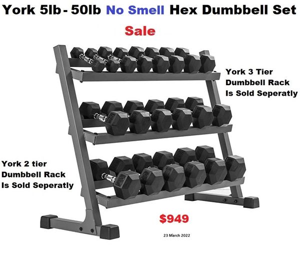 YORK BARBELL- 5-50LBS PREMIUM NO SMELL PVC HEX DUMBBELLS, SALE, ITEM 37030, NOW $949