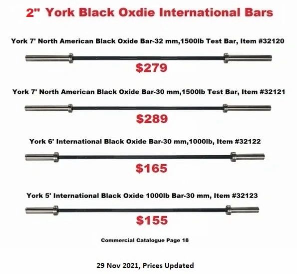 YORK 2" BLACK OXIDE INTERNATIONAL BARS, 7' ITEM #32120, 7' ITEM #32121, 6' ITEM #32122 , 5' ITEM #32123, Now Available 29 Nov 2021
