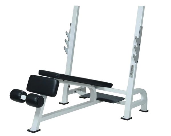 YORK BARBELL STS OLYMPIC DECLINE BENCH WITH GUN RACKS ITEM 54039 WHITE - ITEM 55039 SILVER, 4 Oct 22, Now $999