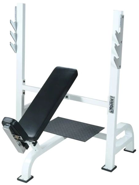 YORK BARBELL STS OLYMPIC INCLINE BENCH WITH GUN RACKS ITEM 54038 WHITE, ITEM 55038 SILVER, 4 Oct 22, Now $999