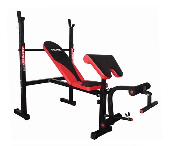 YORK FITNESS ASPIRE 320 WIDE STANCE EXERCISE BENCH WITH PREACHER CURL PAD & ATTACHED BAR AND LEG CURL ATTACHMENT ITEM 43320
