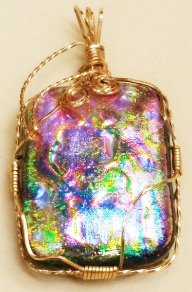 Dichroic Glass Memorial Wire Wrapped Rectangle Pendant