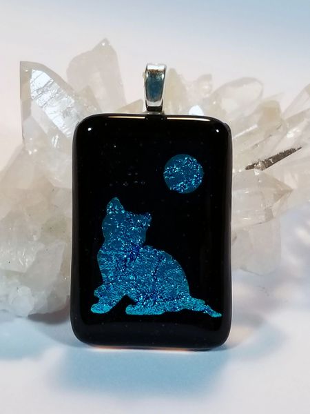 Dichroic Fused Glass Pendant: Teal Cat and Moon