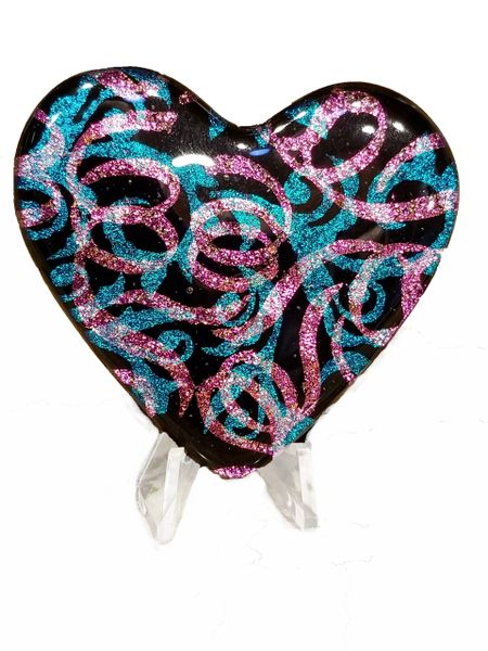 Etched Dichroic Glass Memorial Display Heart:Streamers and Paisley