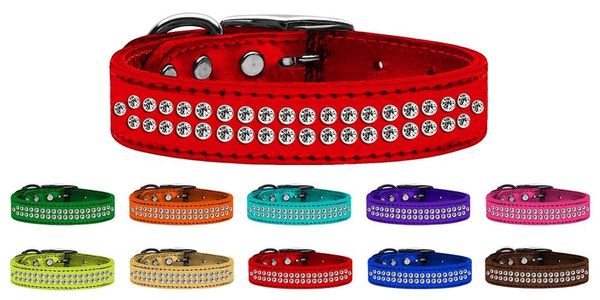 Leather Dog Collars: Genuine METALLIC Leather Bling Dog Collar by Mirage - TWO ROWS CLEAR CRYSTALS