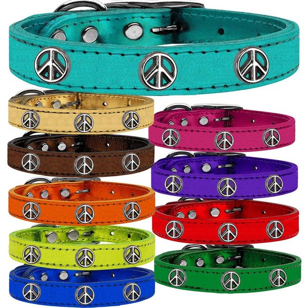 Dog Collars: METALLIC Leather Dog Collar in Different Colors and Sizes with PEACE SIGN Widgets by Mirage USA
