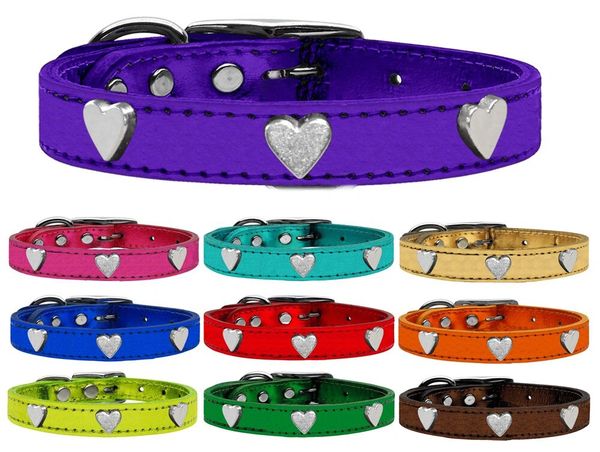 Leather Dog Collars: METALLIC LEATHER Dog Collar with SILVER HEARTS Widgets in Various Colors & Sizes