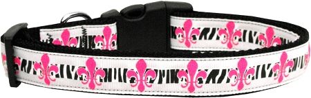 Nylon Ribbon Dog Collar - PINK FLEUR DE LIS with Durable Hardware in Several Sizes - Matching Leash sold separately