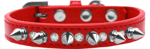 Spike Dog Collars: Unique 1/2" Wide Collar One Row Clear Crystals & Silver Spikes on Dog Collar