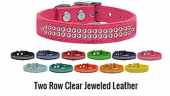 Leather Dog Collars: Genuine Leather Bling Dog Collar by Mirage - TWO ROWS CLEAR JEWELED LEATHER Collar