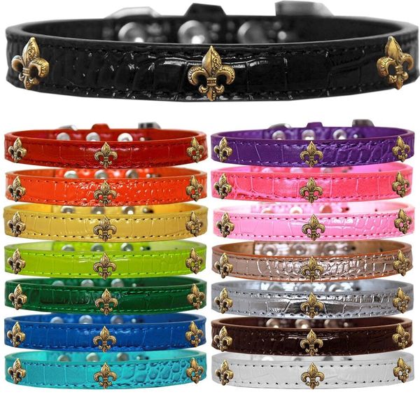 Dog Collars: Faux Croc Dog Collar with Bronze FLEUR DE LIS Widgets in Different Colors & Sizes Made in USA by MiragePetProducts