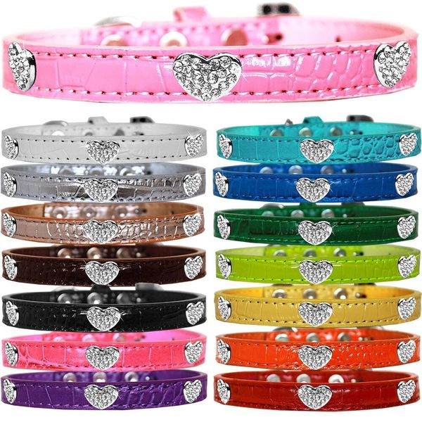 Dog Collars: Faux Croc Dog Collar with CRYSTAL HEARTS Widgets in Different Colors & Sizes Made in USA by MiragePetProducts