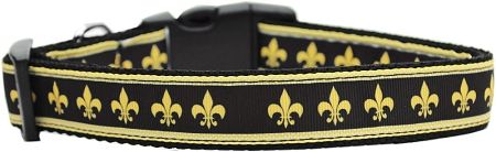 Nylon Ribbon Dog Collar - BLACK AND GOLD FLEUR DE LIS with Durable Hardware in Several Sizes - Matching Leash sold separately