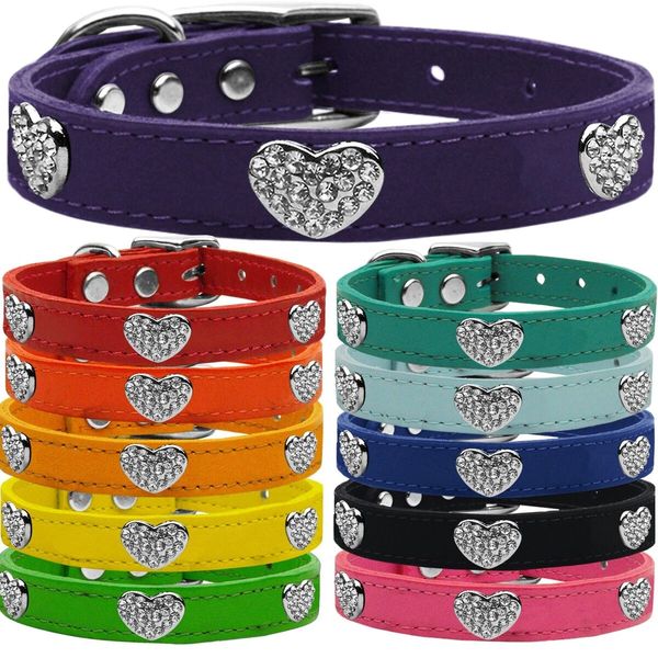Dog Collars: CLEAR CRYSTAL HEARTS on Genuine Leather Dog Collar in Different Colors & Sizes Made in USA by MiragePetProducts