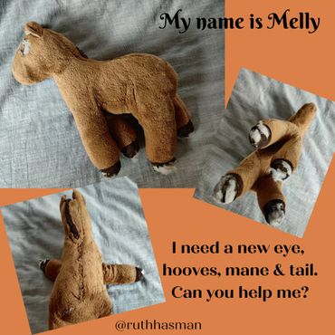 Melly the Horse needs a new eye, hooves, mane & tail.