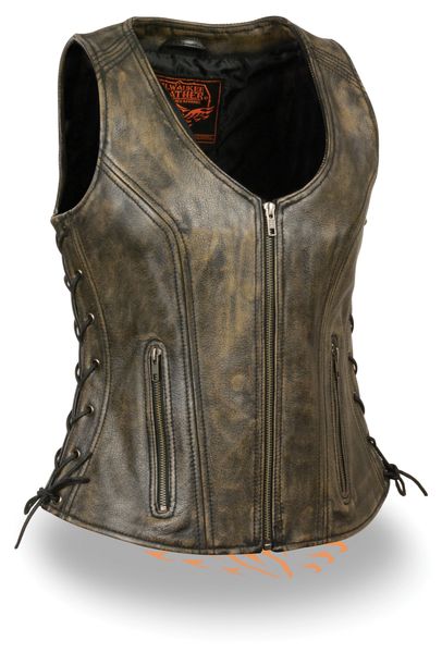 Distressed Brown Women's Leather Motorcycle Vest MLL4531