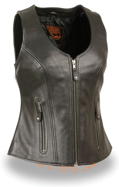 Ladies Black Leather Open Neck Zipper Front Motorcycle Vest MLL4530