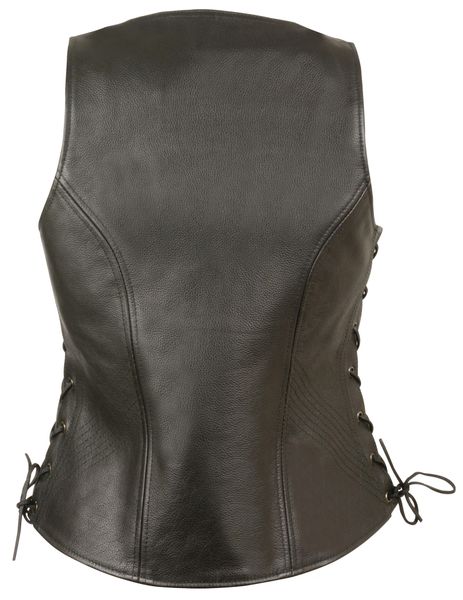 Ladies Black Open Neck Leather Vest w Side Lace MLL4531