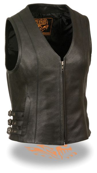 Ladies Black Leather Zipper Front Side Buckled V-Neck Vest MLL4510