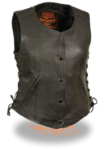 Women's 5 Snap Black Leather Vest w Side Lace, Gun Pockets LKL4700