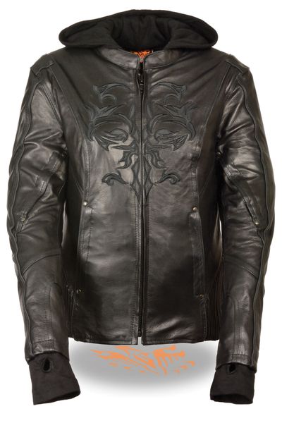 Women's Leather 3/4 Motorcycle Jacket w/Reflective Tribal Detail
