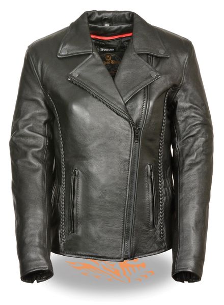Women's Leather Blacked Out Biker Jacket w/Braid & Stud Detailing LKL2711
