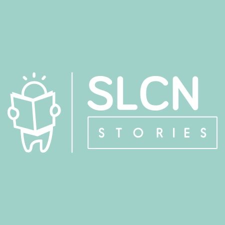 SLCN Stories brand logo - name and outline of child reading a book, white text and green background