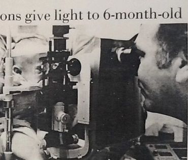 1st YAG Laser on Measles Membrane Cataract R+L eyes; 6 mo old blind.Had never seen mother Was Cured.