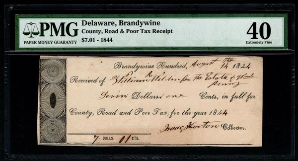 1844 County, Road and Poor Tax Receipt Brandywine Delaware PMG 40 Item #8063580-007