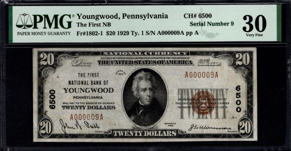 1929 $20 The First National Bank of Youngwood Pennsylvania PMG 30 Fr.1802-1 Single Digit Serial Number 9 CH#6500 Item #2031007-001