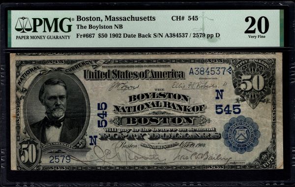 1902 $50 Boylston National Bank of Boston Massachusetts PMG 20 Fr.667 Charter CH#545 Item #1992273-002