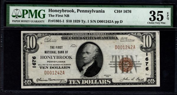 1929 $10 First National Bank of Honeybrook Pennsylvania PMG 35 EPQ Fr.1801-1 CH#1676 Item #1887710-030