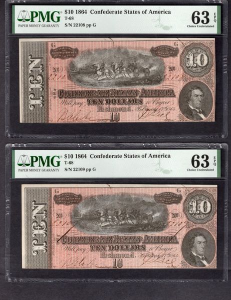 Lot of Two Consecutive 1864 $10 T-68 Confederate Notes PMG 63 EPQ Item #1992511-046/047