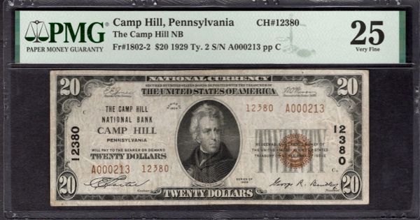 1929 $20 Camp Hill National Bank Pennsylvania PMG 25 Fr.1802-2 CH#12380 Item #8082737-013