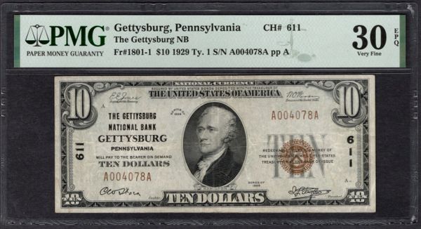 1929 $10 Gettysburg National Bank Pennsylvania PMG 30 EPQ Fr.1801-1 CH#611 Item #2020203-002