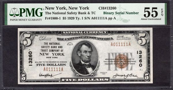 1929 $5 National Safety Bank & Trust Co. New York PMG 55 EPQ Fr.1800-1 CH#13260 Binary Near Solid Serial # Item #1992526-001
