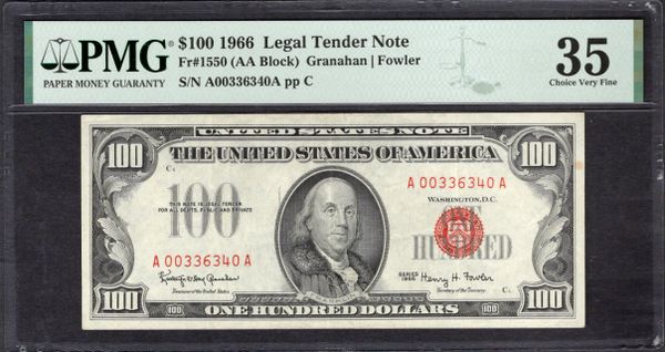 1966 $100 Legal Tender PMG 35 Fr.1550 Item #1993013-001