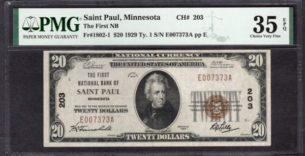 1929 $20 First National Bank of Saint Paul Minnesota PMG 35 EPQ Fr.1802-1 CH#203 Item #8077339-003