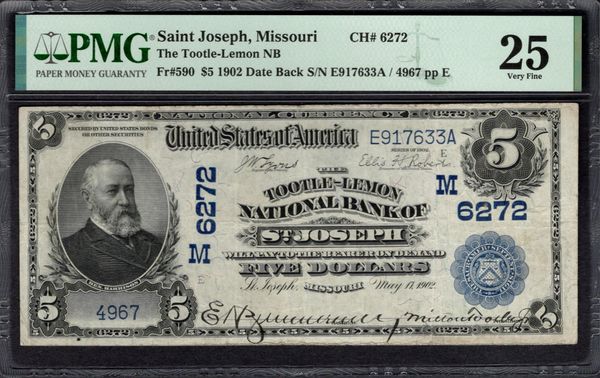 1902 $5 Tootle-Lemon National Bank Saint Joseph Missouri PMG 25 Fr.590 CH#6272 Item #1991771-020