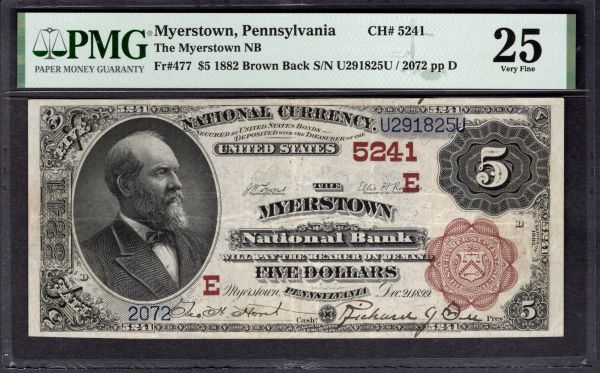 1882 $5 Myerstown National Bank of Pennsylvania PMG 25 Fr.477 CH#5241 Item #1992916-009