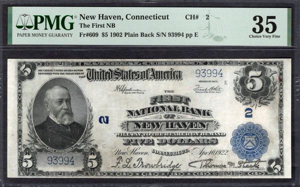 1902 $5 First National Bank of New Haven Connecticut PMG 35 Fr.609 CH#2 Item #1993137-008